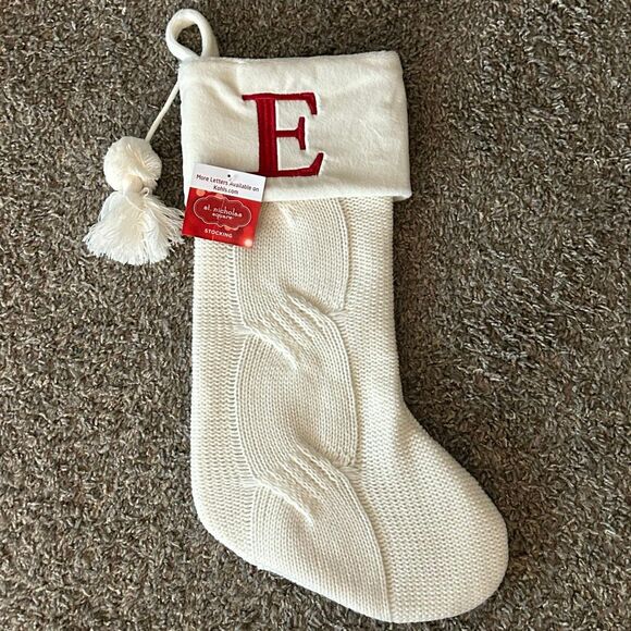 Winter White Knit Christmas Stocking 21” Monogram Initial E | w Plush Cuff NEW - Picture 1 of 5